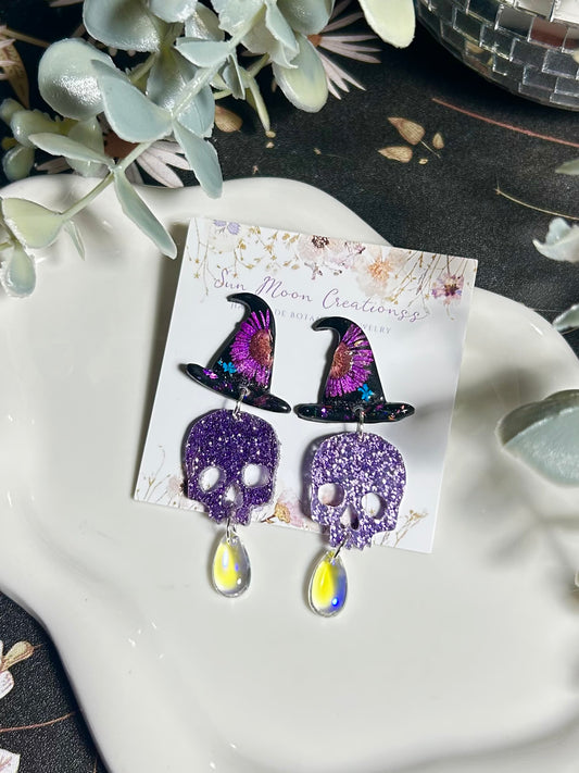 Witch Hat & Skull Dangles in purple