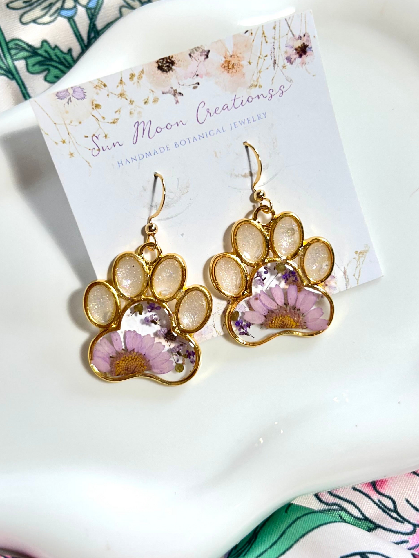 Purple Daisy Dog Paw Earrings