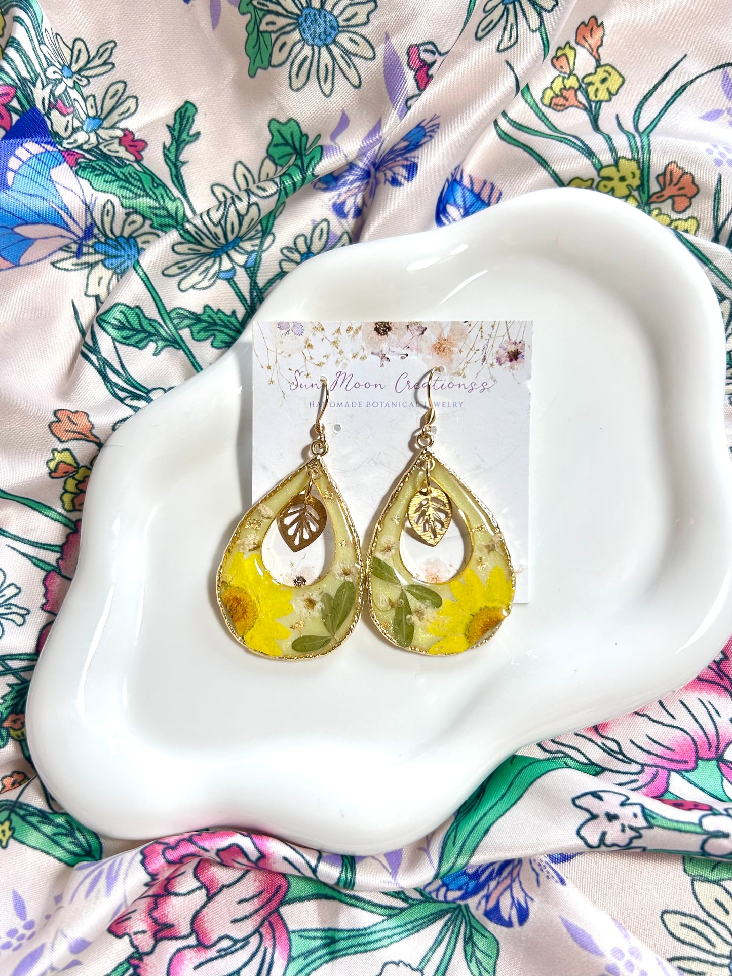 Yellow/Green Statement Pressed Flower Earrings