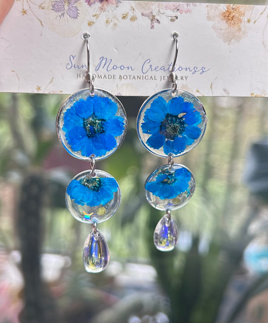 Blue preserved Flower and Teardrop Earrings