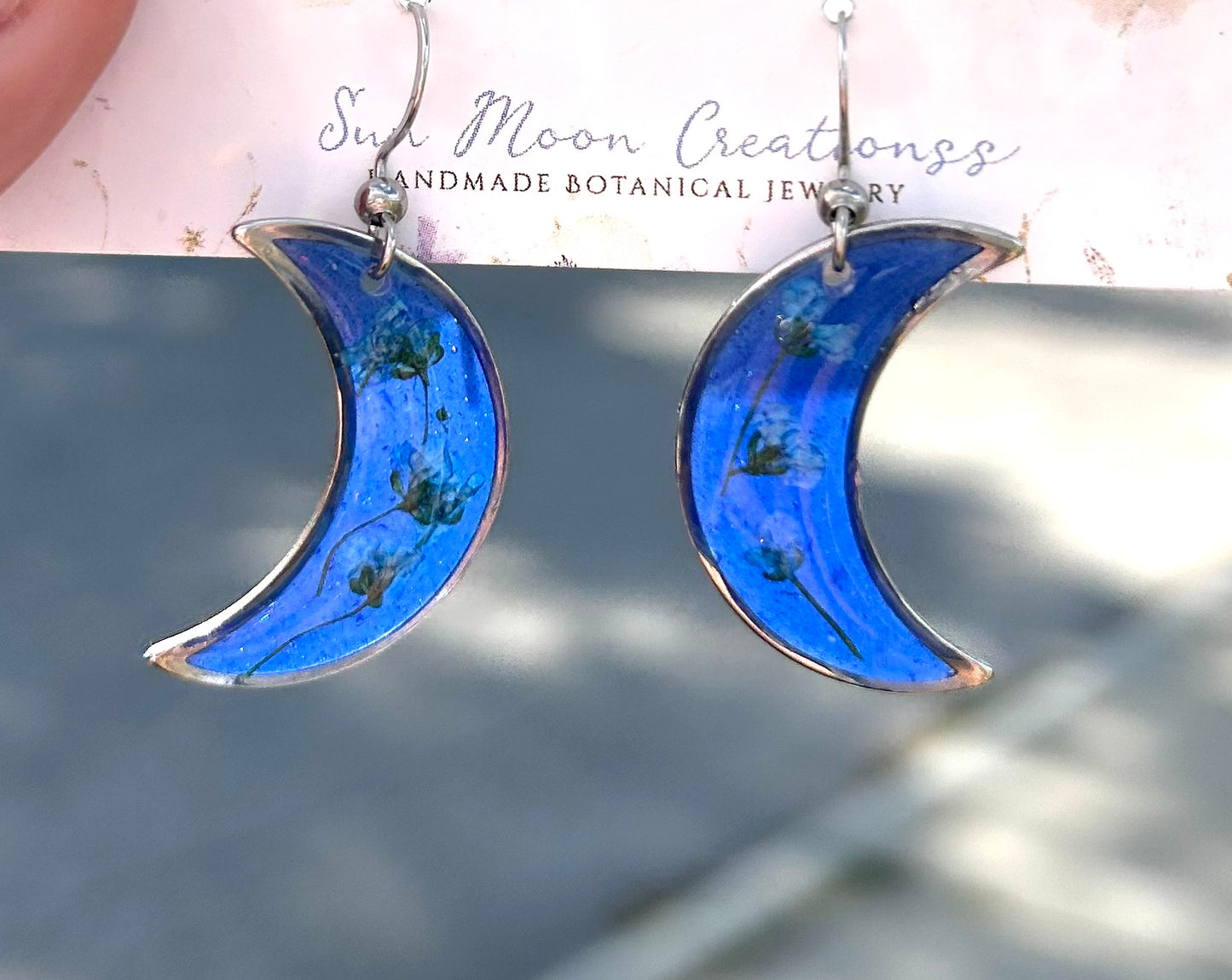 Royal Blue and Sky Blue floral crescent moon Earrings in Silver