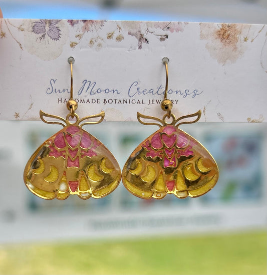 Gold moth dangles with pink and yellow accents