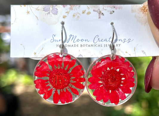 Small Red Round Daisy Dangles