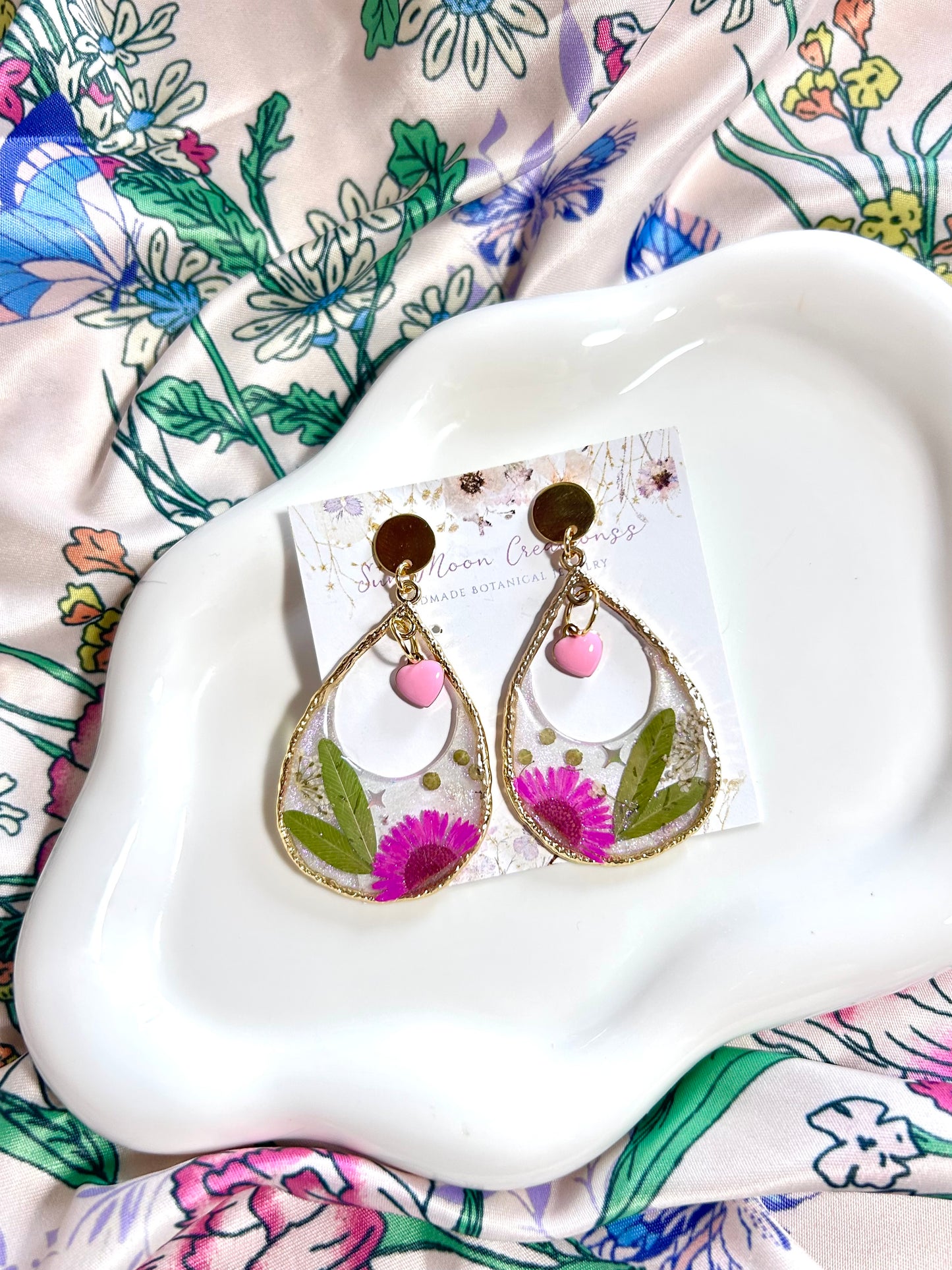 Hot pink and Green Pressed Flower Statement Drop Earrings in Gold