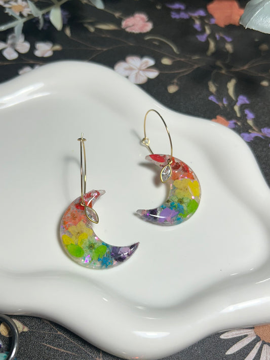 Rainbow Flower Petal Moon Hoops