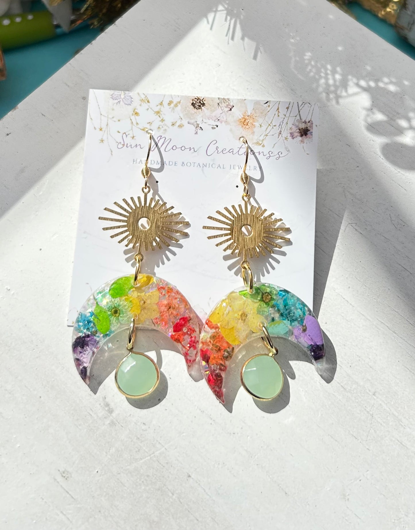 Rainbow Floral Moon Sunburst Dangles