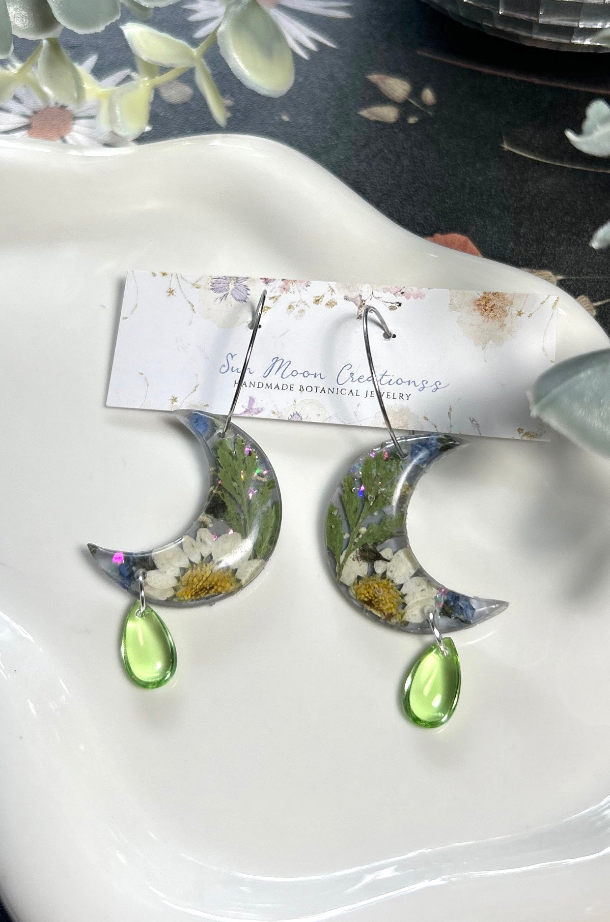 Floral Moon Hoops in Grey, Green