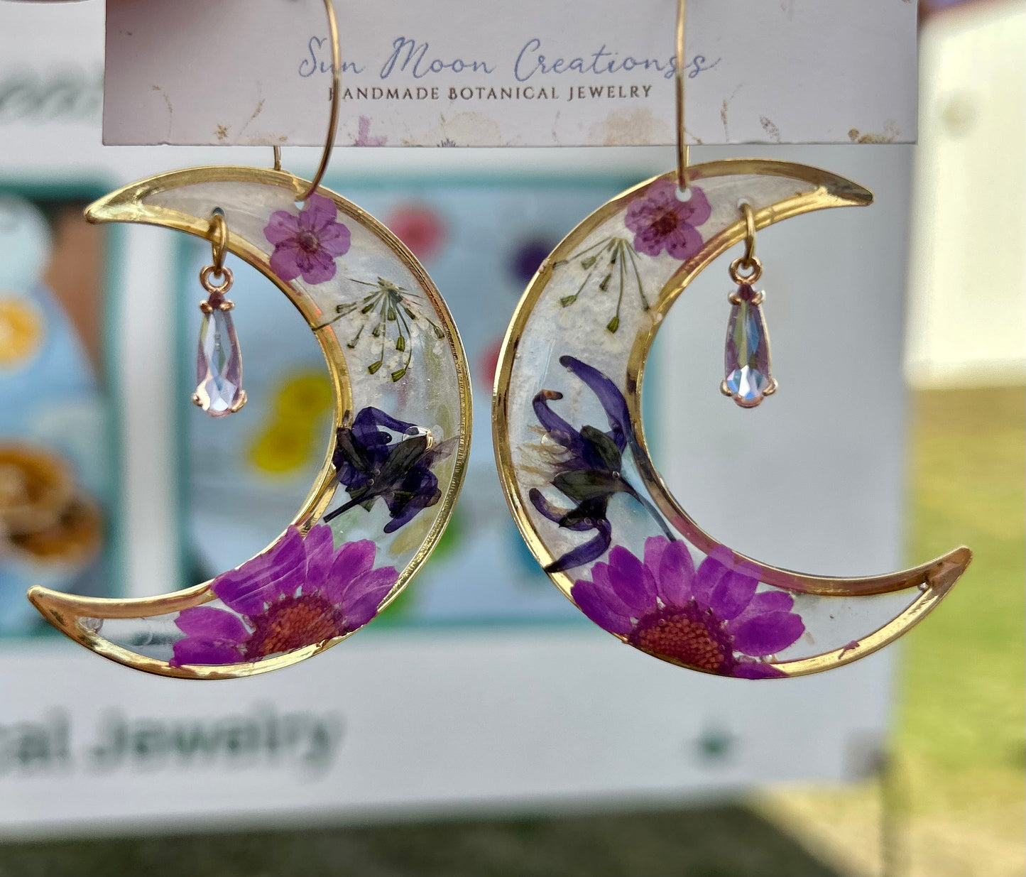 Purple Floral Crescent Moon hoop dangles