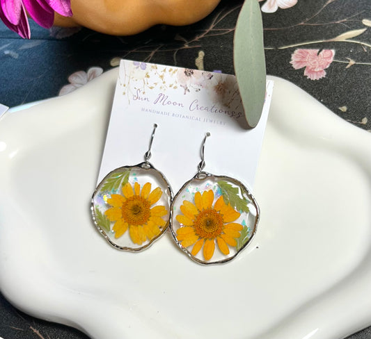 Orange Daisy and Fern Dangles - silver