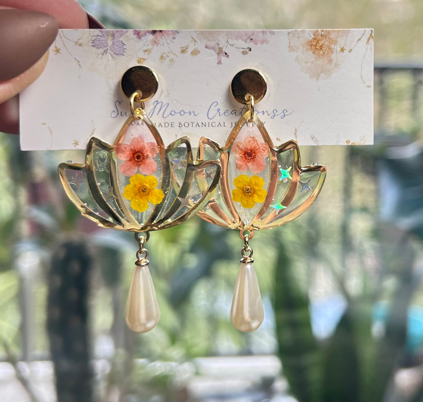 Lotus and Pearl Pressed Flower Earrings