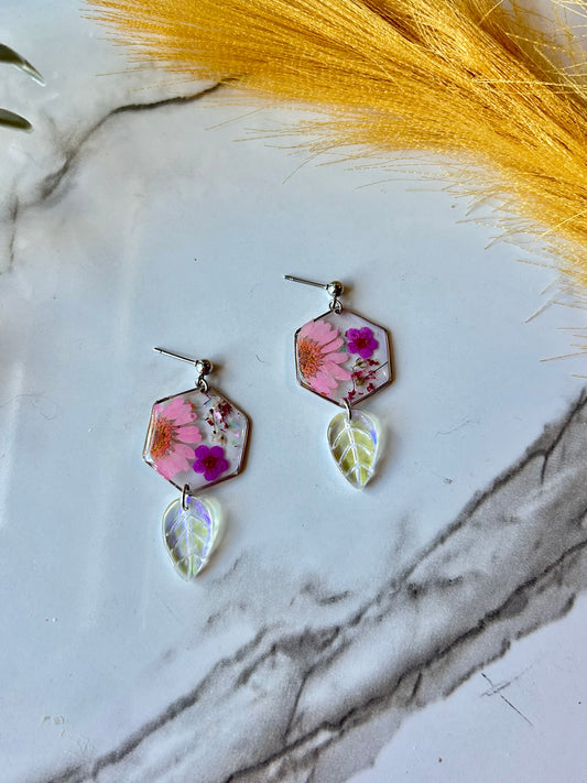 Pink Floral Dangles with Glass Leaf Accent