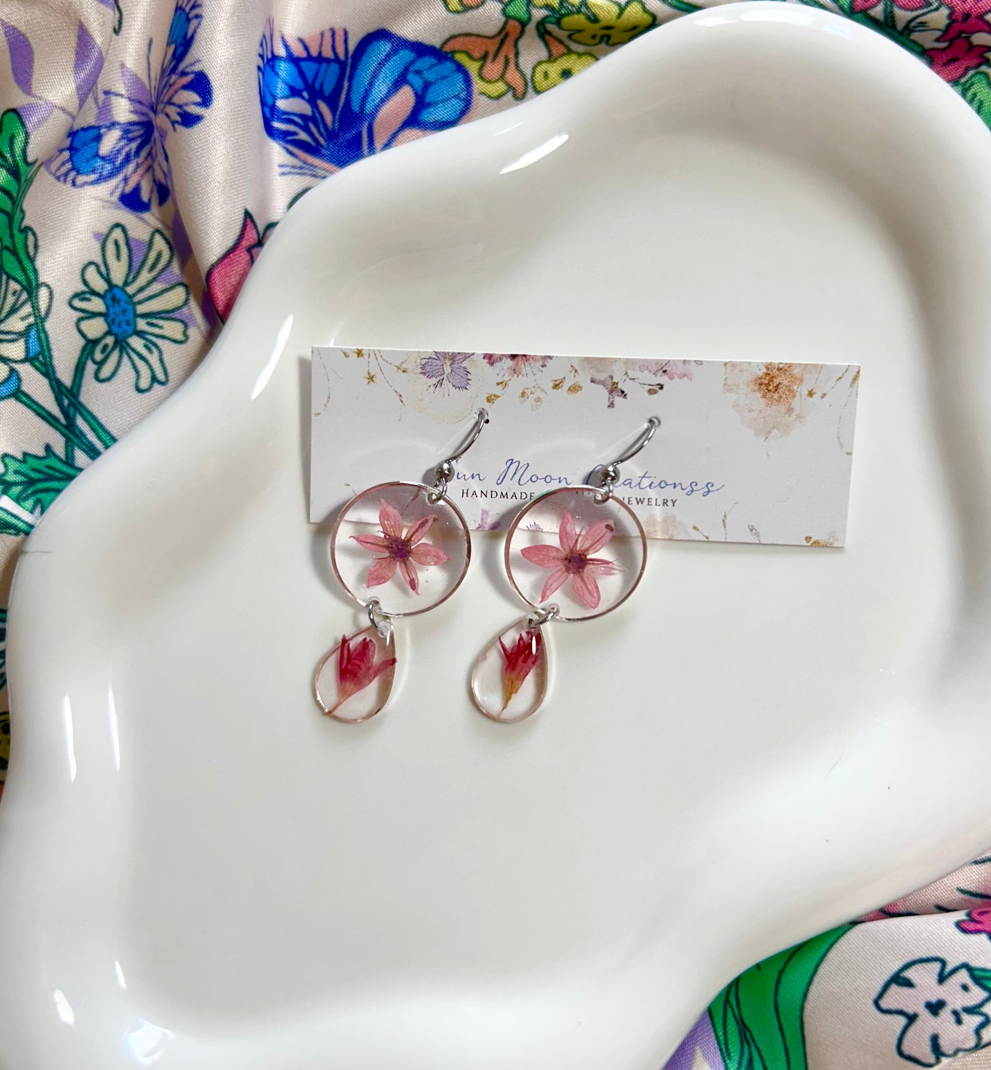 Pink/Silver Preserved Flower Earrings