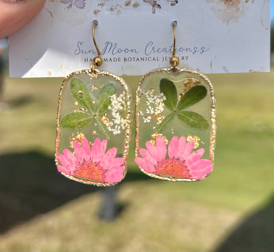 Pink flowers with ferns organic square gold dangles