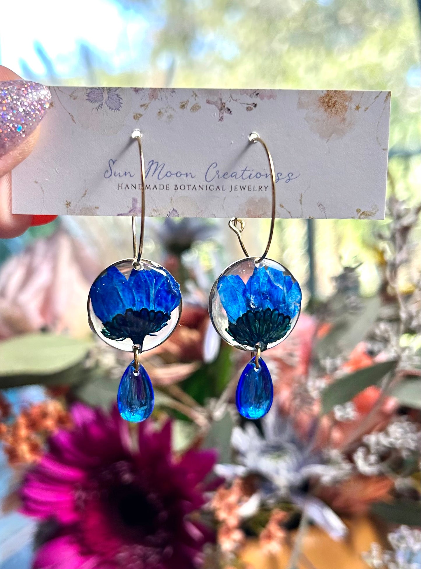 Royal Blue Organic Daisy Hoops in Gold, with Glass Charm