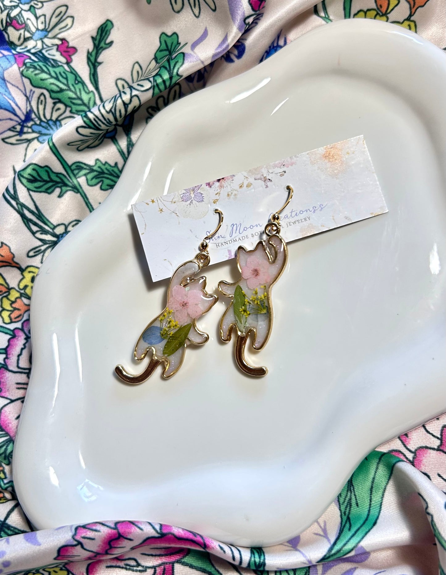 Reaching Floral Cat Earrings in Pastel