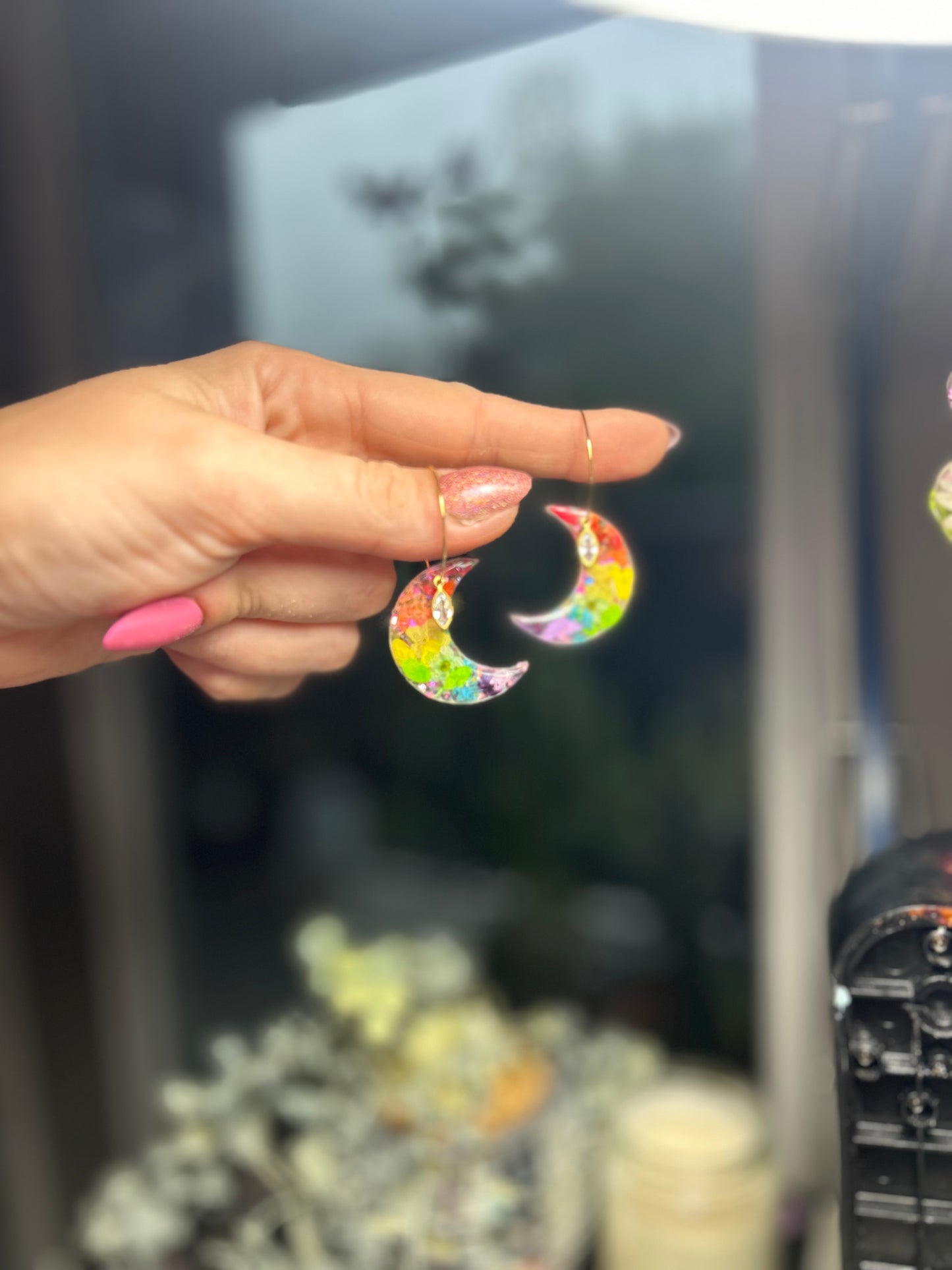 Rainbow Flower Petal Moon Hoops