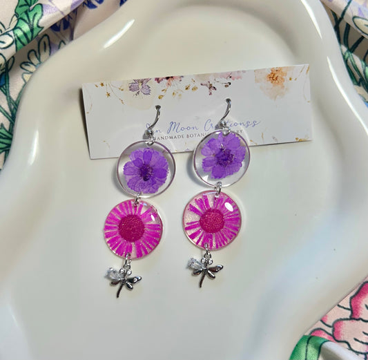 Pink and Purple Two Tier Round Earrings with Dragonfly Chsrm