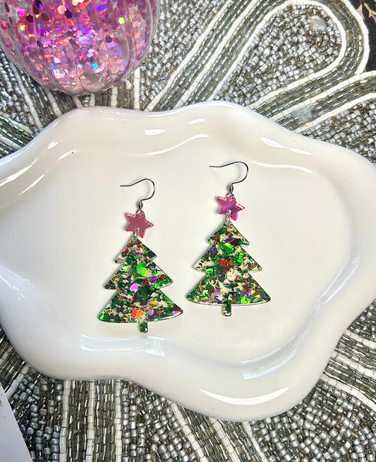 Confetti Glitter Christmas Tree Dangles with Pink Star