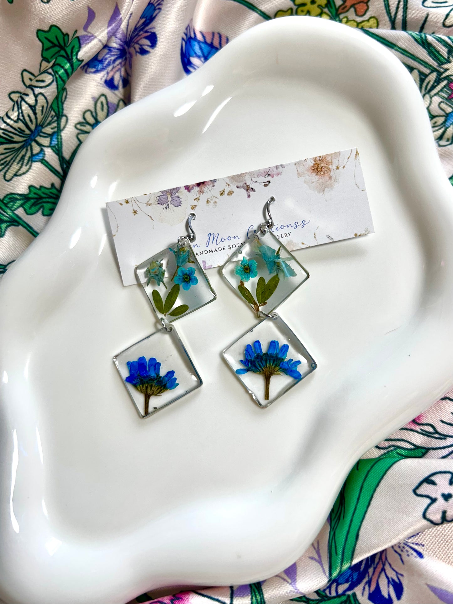 Blue/Silver Statement Preserved Flower Earrings