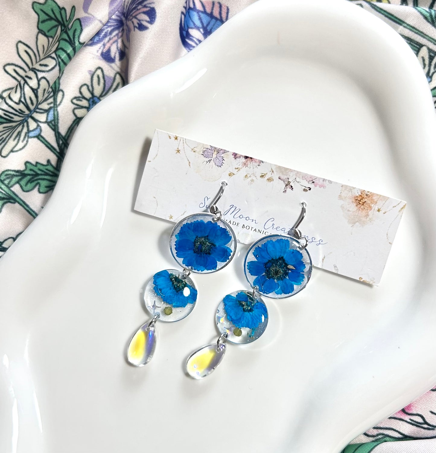 Blue preserved Flower and Teardrop Earrings