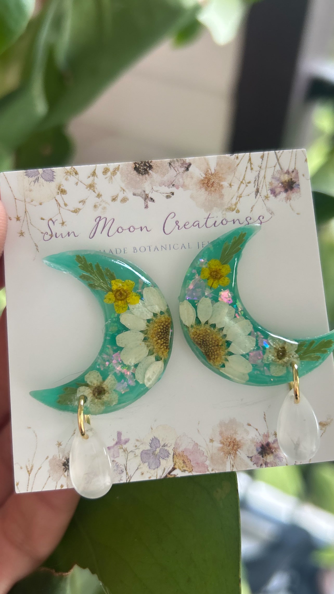 Floral Moon Studs in Teal, White