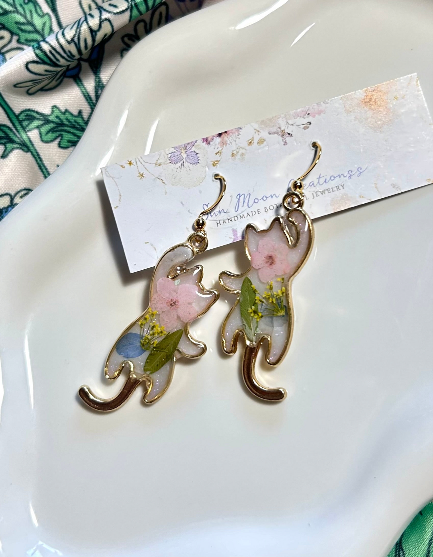 Reaching Floral Cat Earrings in Pastel