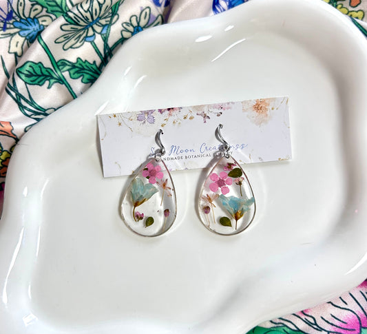 Pink/Blue/Silver Preserved Flower Teardrop Earrings