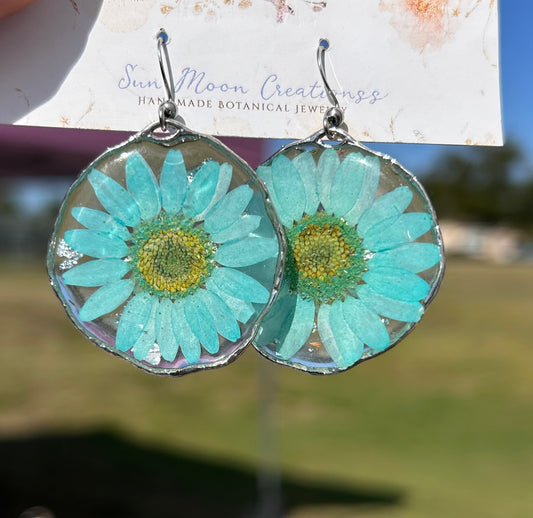 Large organic round sky blue Daisy dangles in silver