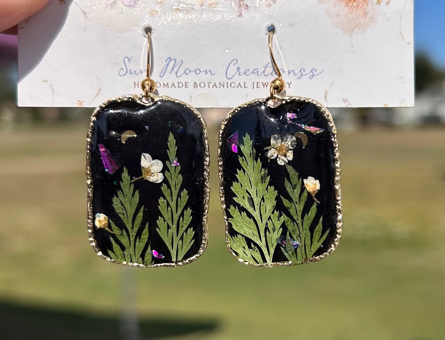Midnight florals organic square dangles in gold