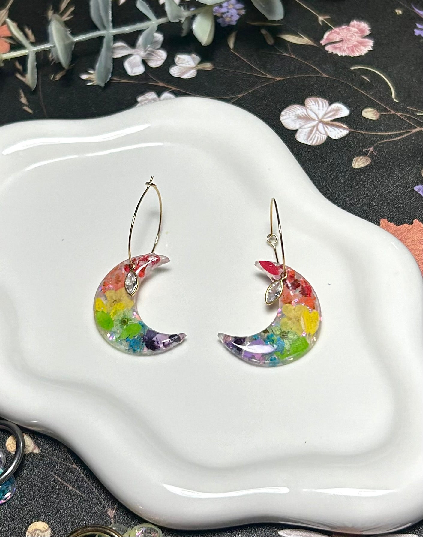 Rainbow Flower Petal Moon Hoops