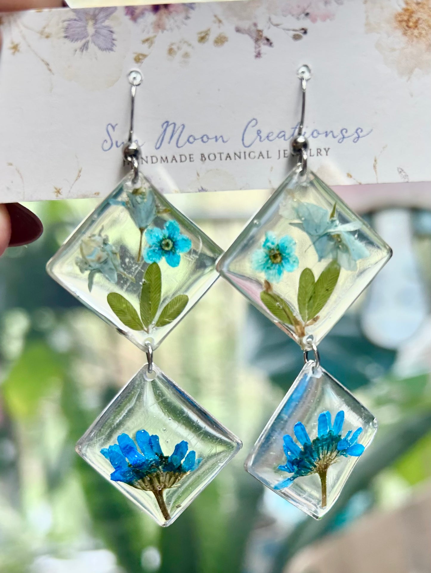 Blue/Silver Statement Preserved Flower Earrings