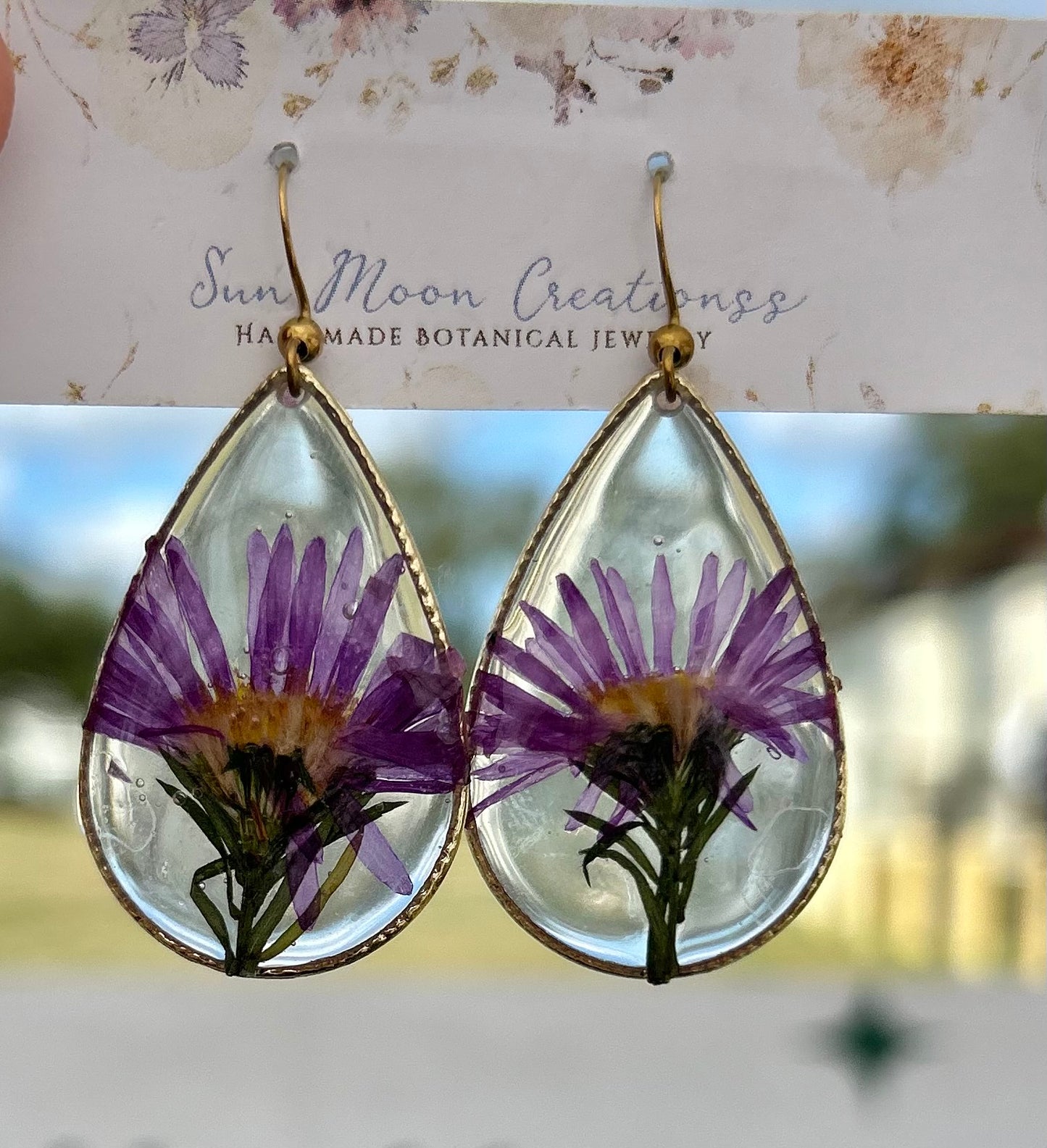 Purple Aster Large Drop Dangles in Gold