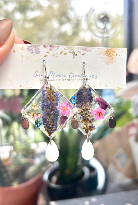 Purple/Pink/Silver Chandelier Statement Earrings with Preserved Flowers