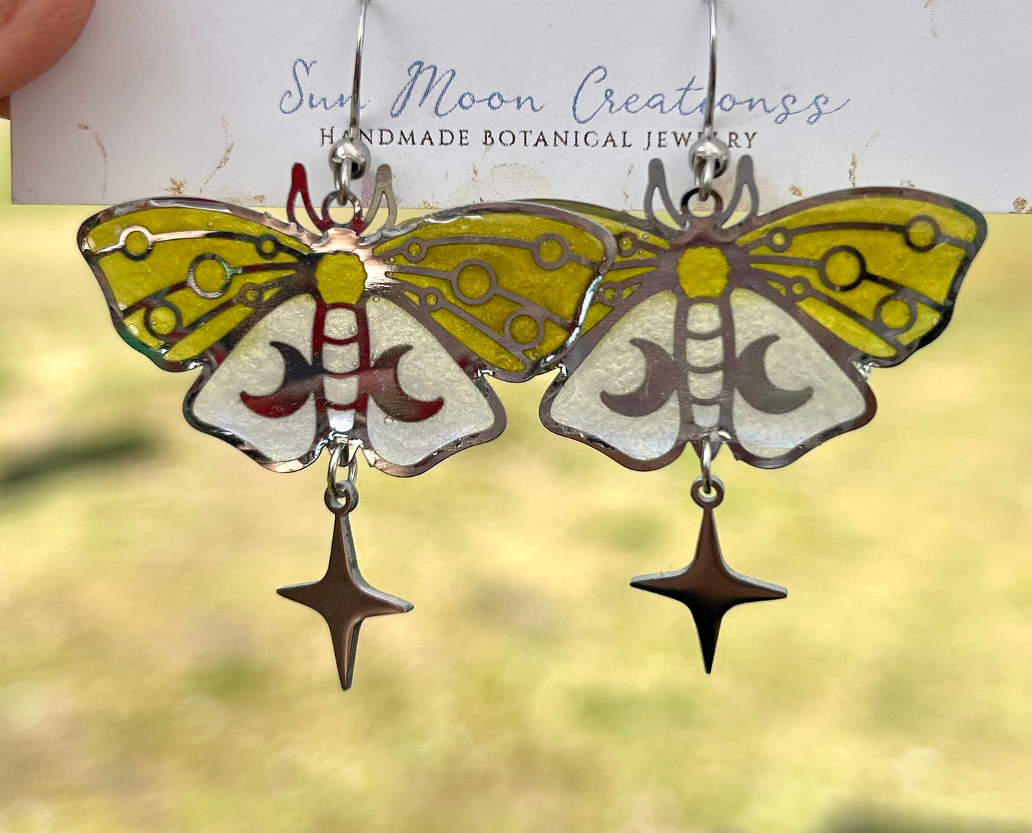 Silver Moth Dangles with green&white sparkles
