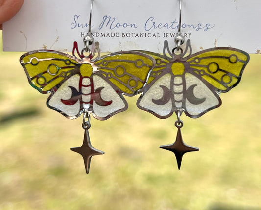 Silver Moth Dangles with green&white sparkles