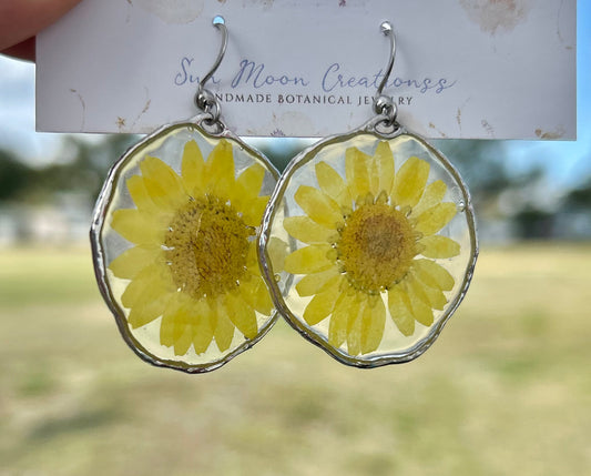 Yellow Daisy Earrings Organic Round Style, Silver