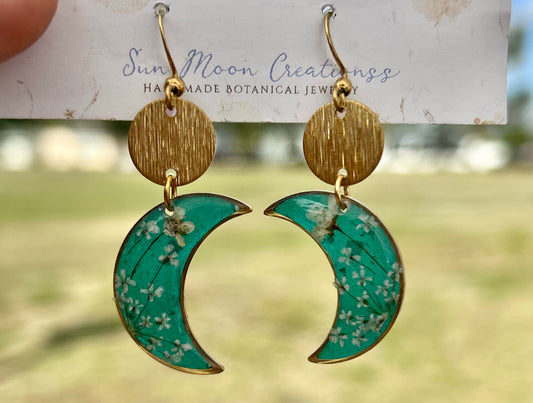 White Florals and Teal Crescent moons earrings in gold