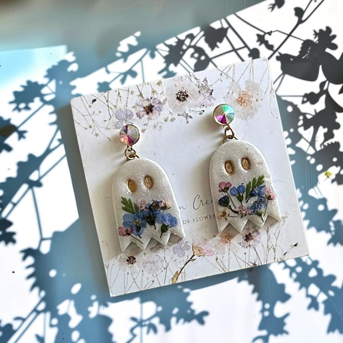 Floral Ghost Earrings Blue and Purple Flowers