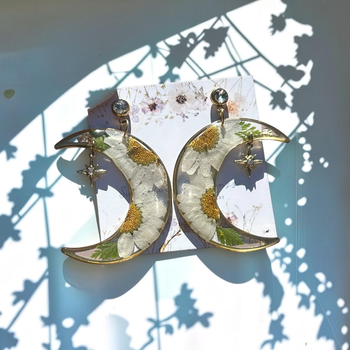 Crescent Moon and Daisy Large Earrings