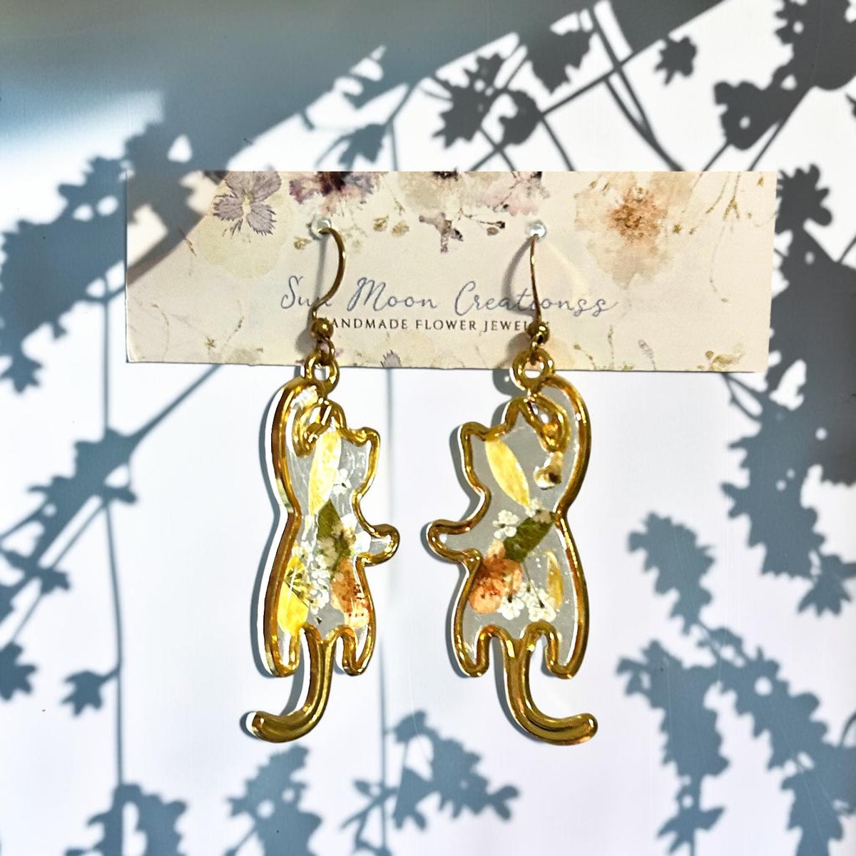 Reaching Cat Earrings in Gold Fall Colors