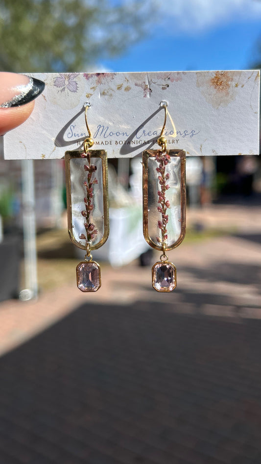 Real Flower Resin Earrings – Gold Frame with Pink Crystal