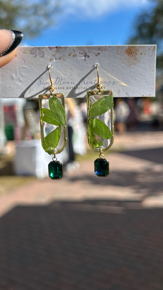 Real Flower Resin Earrings – Gold Frame with Green crystal