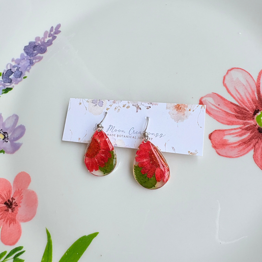 Red Daisy Dangles in Silver