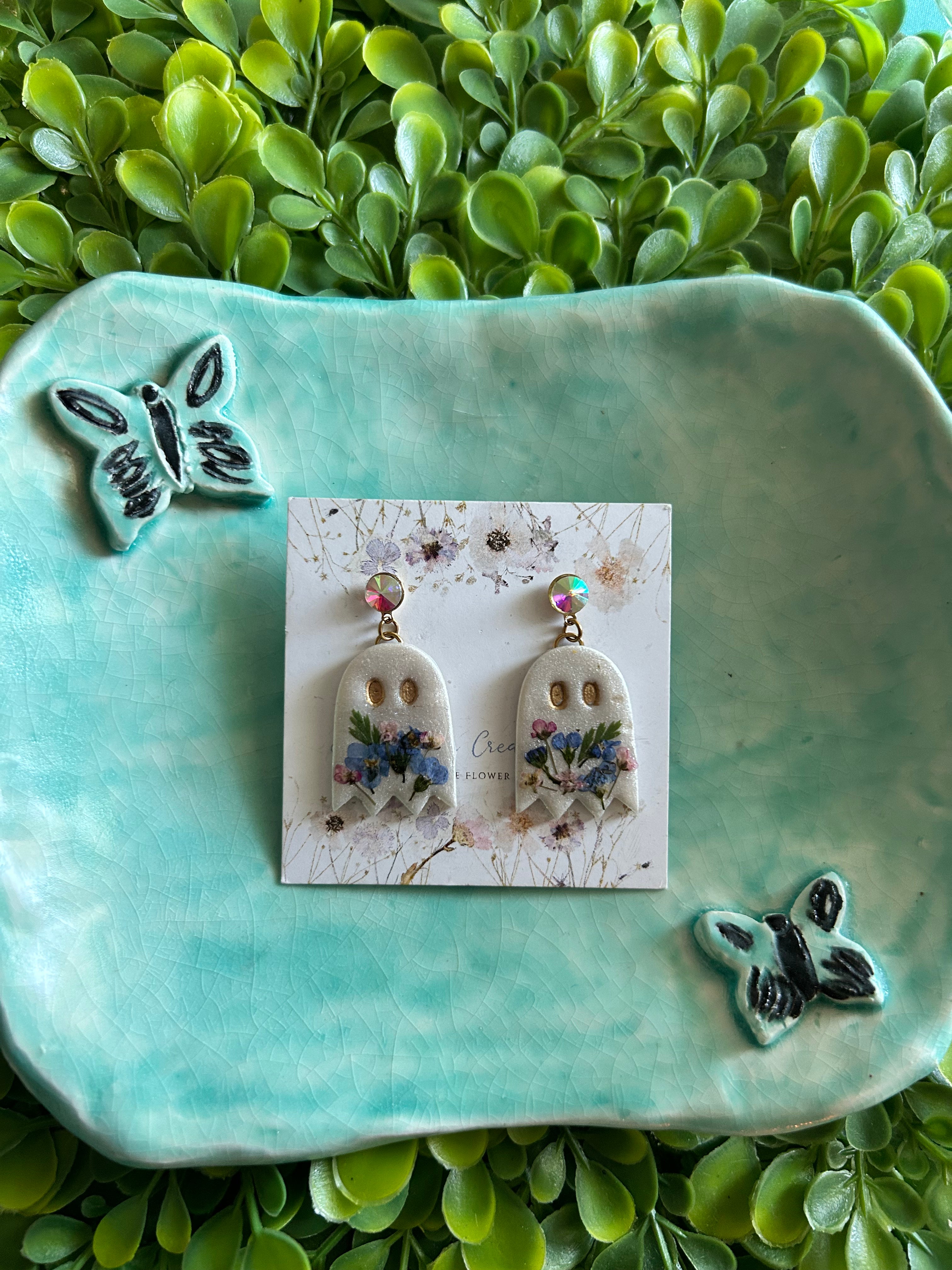 Floral Ghost Earrings Blue and Purple Flowers