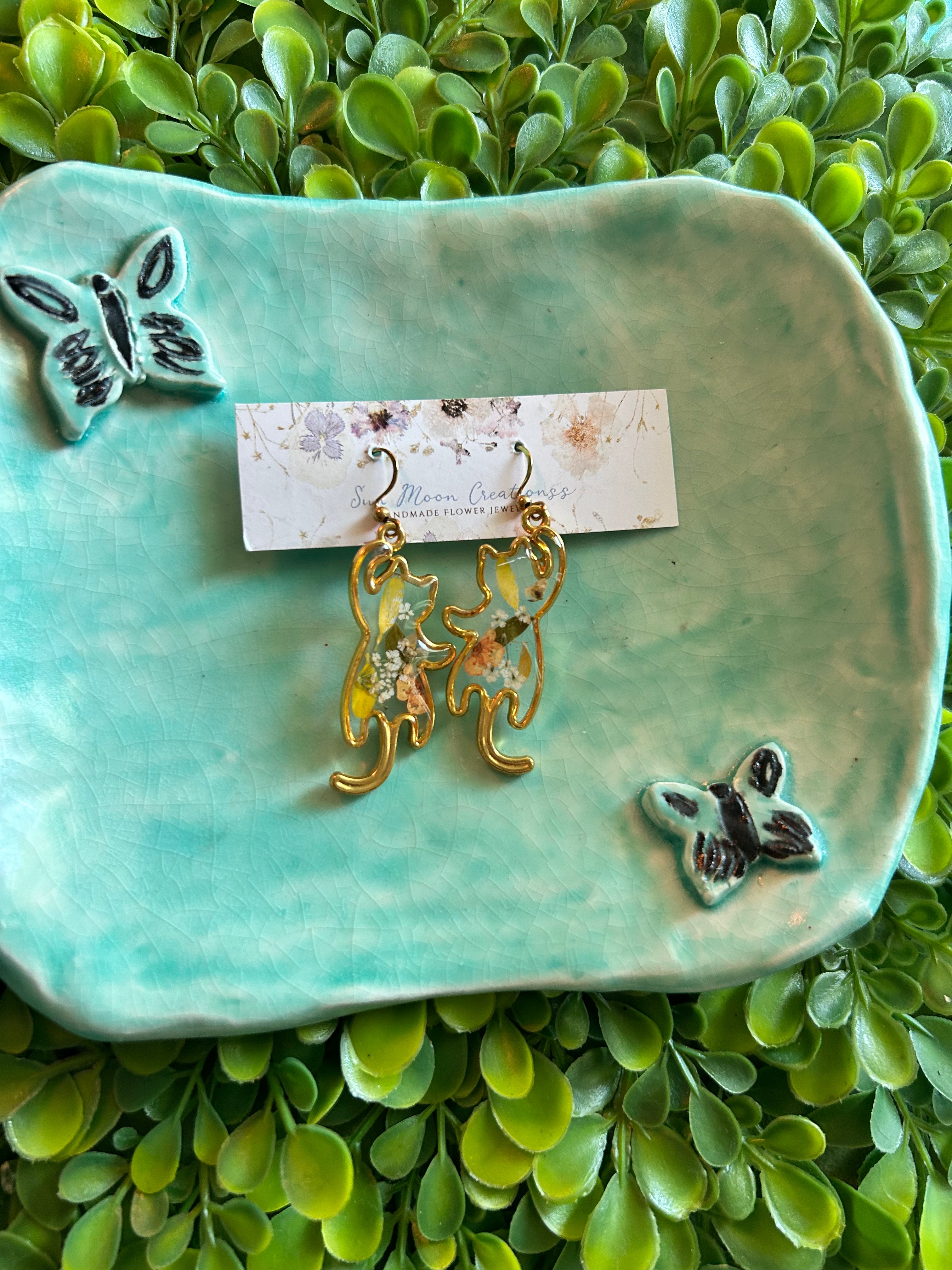 Reaching Cat Earrings in Gold Fall Colors
