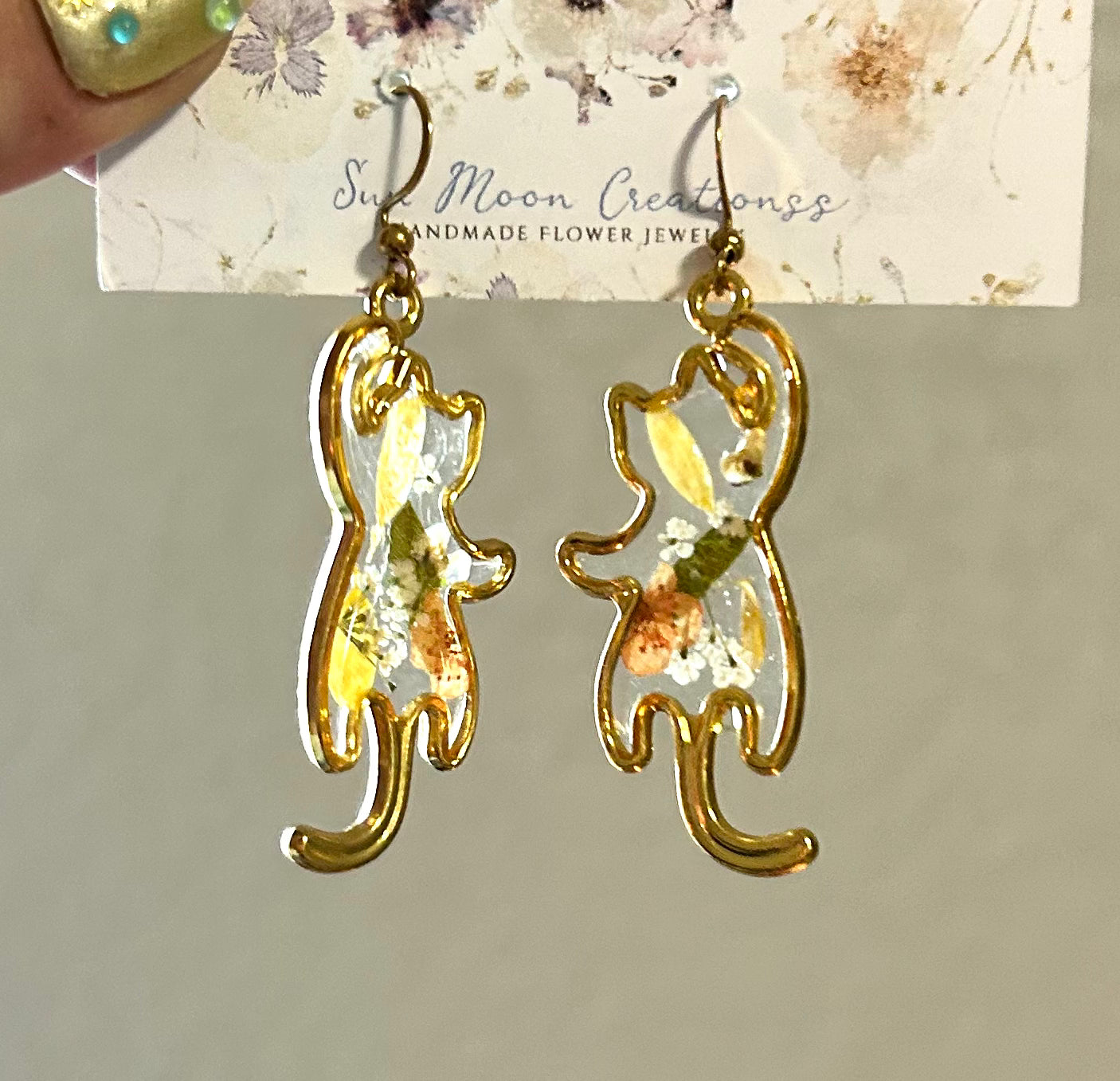 Reaching Cat Earrings in Gold Fall Colors